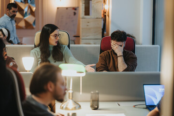 An overwhelmed male employee with hand on face being consoled by a concerned female coworker in a modern office setting, showcasing emotional support at work.