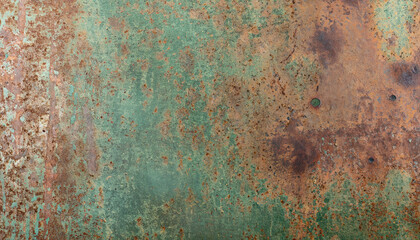 Aged copper plate texture with green patina stains. Old worn metal background.
