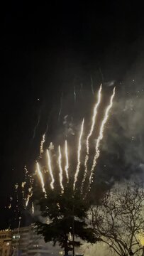 Fireworks in Valencia City Hall Square during the night Mascleta of the Las Fallas festival. Valencia, Spain - March 03, 2024.