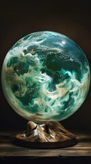 Earth globe featuring swirling patterns of blue and green, resting on a wooden stand, symbolizing a fusion of nature and art, suitable for use in environmental artwork or as an educational model.