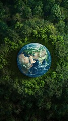 Obraz na płótnie Canvas A globe surrounded by lush greenery from an aerial perspective, symbolizing forest conservation and the Earth's biodiversity, suitable for environmental protection campaigns.
