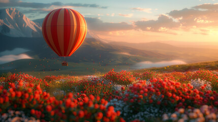 Elegant multi-color rural fields with flowers. Over field the huge air balloon flies.