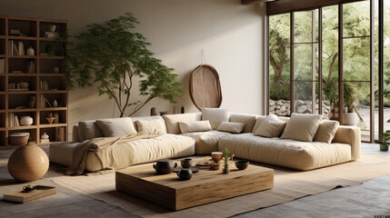 A spacious living room with a bamboo sofa, a leather beanbag, and a sisal area rug - obrazy, fototapety, plakaty