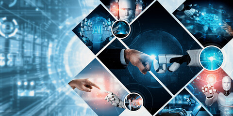 Human interact with AI artificial intelligence virtual assistant robot. Concept of AI artificial...