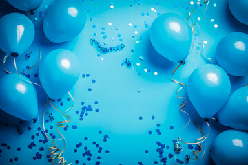 Arrière-plan bleu festif avec ballons, confettis et serpentins