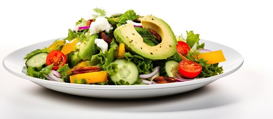 A white plate is filled with a refreshing salad featuring avocado slices on a crisp white background. The vibrant green avocado contrasts beautifully with the colorful vegetables in the salad.