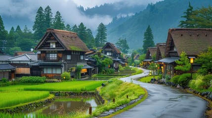 beautiful, clean and tidy traditional Japanese local village of Japan, one of the most visit destination of the world for traveler. - obrazy, fototapety, plakaty