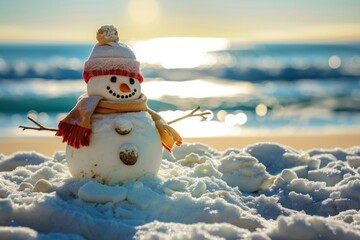 A whimsical snowman adorned with winter accessories enjoys the paradox of a sunny beach setting, creating a unique seasonal blend - obrazy, fototapety, plakaty