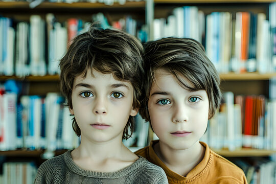Jeunes gar&ccedil;ons devant une biblioth&egrave;que