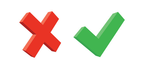A green check mark, symbolizing approval or correctness, is positioned closely to a red cross, representing rejection or incorrectness. Both icons are rendered in a three-dimensional style as vector. 