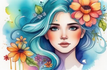 Portrait of a beautiful young girl with hair made of flowers. Spring and summer inspiration. Concept of perfumery, cosmetics. Perfect creative makeup and hairstyle. Illustration. watercolor