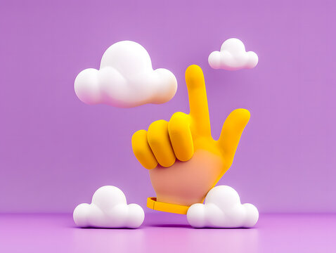Main avec index pointant vers le haut sur fond violet, style cartoon 3d