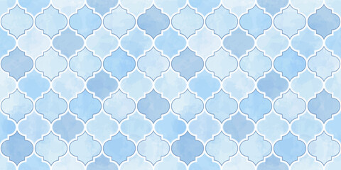 Fototapeta premium Moroccan Seamless Pattern. Arabic Mosaic Watercolor Ornament. Eid Mubarak Muslim Background. Ramadan Kareem Islamic Illustration. Turkish Mosque Window Shape.