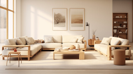 Fototapeta na wymiar A spacious living room featuring customizable furniture and warm colors