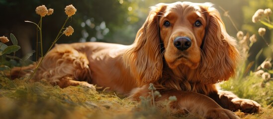 A brown cocker spaniel with red hair is laying down calmly on top of a vibrant, lush green field of...