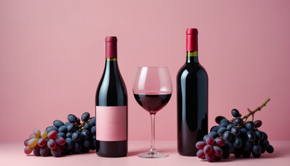 Close up of bottle and glass of red wine on an aesthetic minimal composition pastel background
