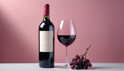 Close up of bottle and glass of red wine on an aesthetic minimal composition pastel background
