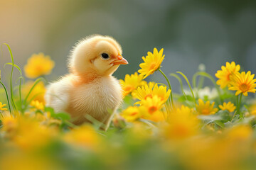 Yellow newborn chick on spring field or garden. Cute chicken on summer meadow with green grass and flowers. Easter concept. Funny bird character for banner, card, flyer or poster