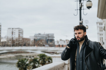 Stylish young adult with beard using a cellphone in a city environment. The background suggests a cool, overcast day in an urban landscape.