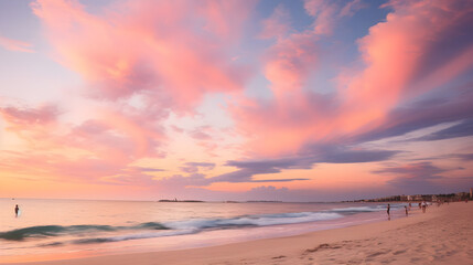 Fototapeta na wymiar Golden Hour at the Paradise Beach: Unspoiled Sand and Spectacular Sunset Sky