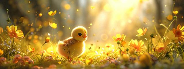Yellow newborn chick on spring field or garden. Cute chicken on summer meadow with green grass and flowers. Easter concept. Funny bird character for banner, card, flyer or poster - obrazy, fototapety, plakaty