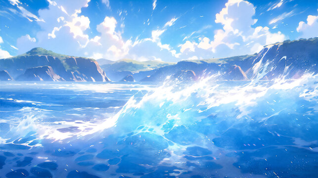 Beautiful scene of sea waves near the coast, anime motion picture style