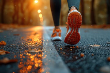 Marathon running in the evening light, running along a city road close up feet