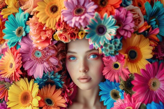 Portrait of a beautiful young girl with hair made of flowers. Spring and summer inspiration. Concept of perfumery, cosmetics. Perfect creative makeup and hairstyle.
