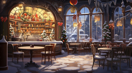 Cozy winter café where whimsical creatures