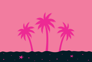 Night summer beach. Bright silhouette of palm trees. Five pink palm trees on a pink background. Design of advertising brochures, travel agency banners. 