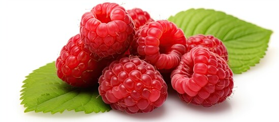 A group of ripe raspberries is displayed on a white background. The raspberries are vibrant red and...