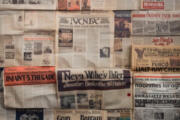 several newspaper pages are laying side by side
