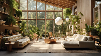 A stunning living room with a Biophilic design, featuring plenty of natural light, wood elements, and lush plants
