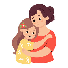 Cute Mom tenderly hugs her daughter. Vector illustration flat cartoon style. Happy female character.