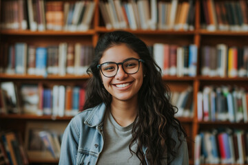 Grinning young student with wavy hair and glasses, standing in front of a full bookshelf.