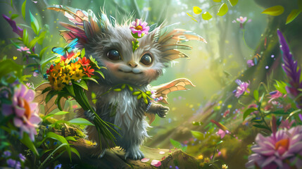 Cute fluffy fantastic creature standing on its hind legs and holding a bouquet of bright colorful flowers in a paw in a magic forest
