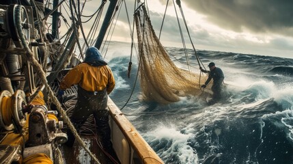 A rugged fishing boat cuts through turbulent ocean waves under a dramatic overcast sky, showcasing...