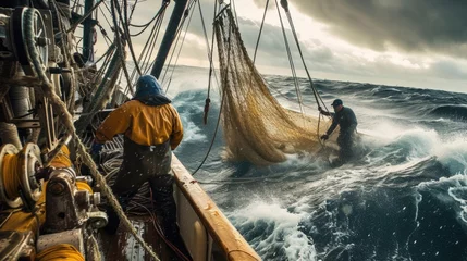Fotobehang A rugged fishing boat cuts through turbulent ocean waves under a dramatic overcast sky, showcasing the resilience of maritime workers. AIG41 © Summit Art Creations