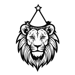 lion  wearing party hat head black and white vector illustration isolated transparent background, logo, cut out or cutout t-shirt print design,  poster, baby products, packaging design, tribal tattoo
