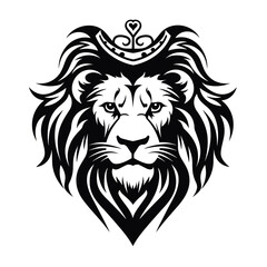 lion  head wearing tiara black and white vector illustration isolated transparent background, logo, cut out or cutout t-shirt print design,  poster, baby products, packaging design, tribal tattoo
