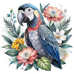 parrot on a branch. Drawing of a parrot on a floral background. Illustration for printing on fabric, book cover, wallpaper, tiles