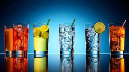 Cocktails in glasses with ice cubes and lemon on blue background