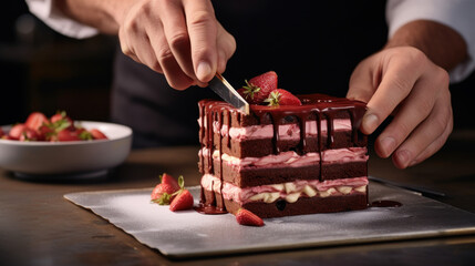 Chef delicately crafting a multi-layered cake
