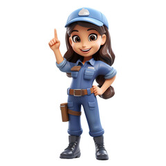 Cute young female worker pointing to, 3D render style, isolated on white background cutout.