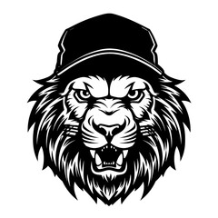 lion head wearing a cap black and white vector illustration isolated transparent background, logo, cut out or cutout t-shirt print design,  poster, baby products, packaging design, tribal tattoo