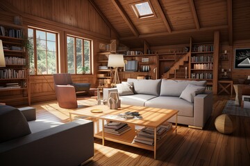 Augmented Reality Entertainment Hub: Sofa & Wood Details Living Room Centerpiece