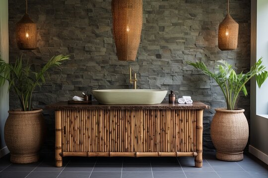 Bamboo and Stone Fixtures in Dutch Inspired Home: Natural Textures with Vibrant Color Accents