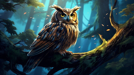 Old owl perched on a tree branch