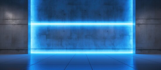 An abstract concrete room with a minimalist design, featuring an empty space illuminated by four horizontal blue neon light lines on the wall.