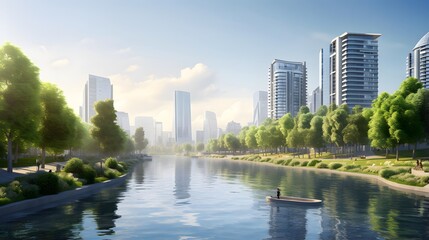 Cityscape with lake and skyscrapers in Beijing, China.